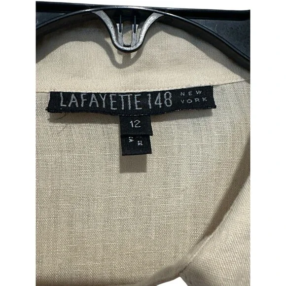 Lafayette 148 Size 12 100% Linen Dark Cream Tie‎ Front Shirt Top Blouse #T4-3 - Picture 2 of 9